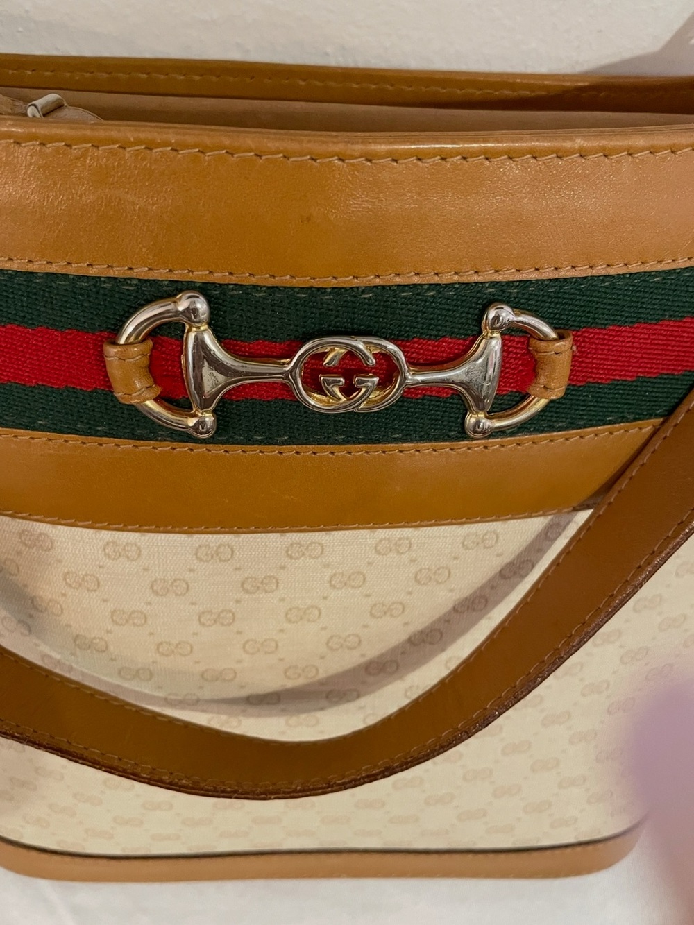 Gucci Tan & Green-Red Web Canvas Shoulder Bag with Horsebit